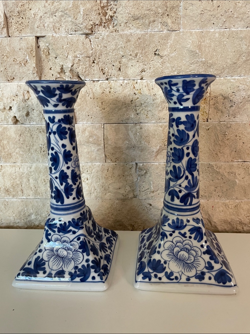 Blue and White Floral Porcelain Candlestick Pair